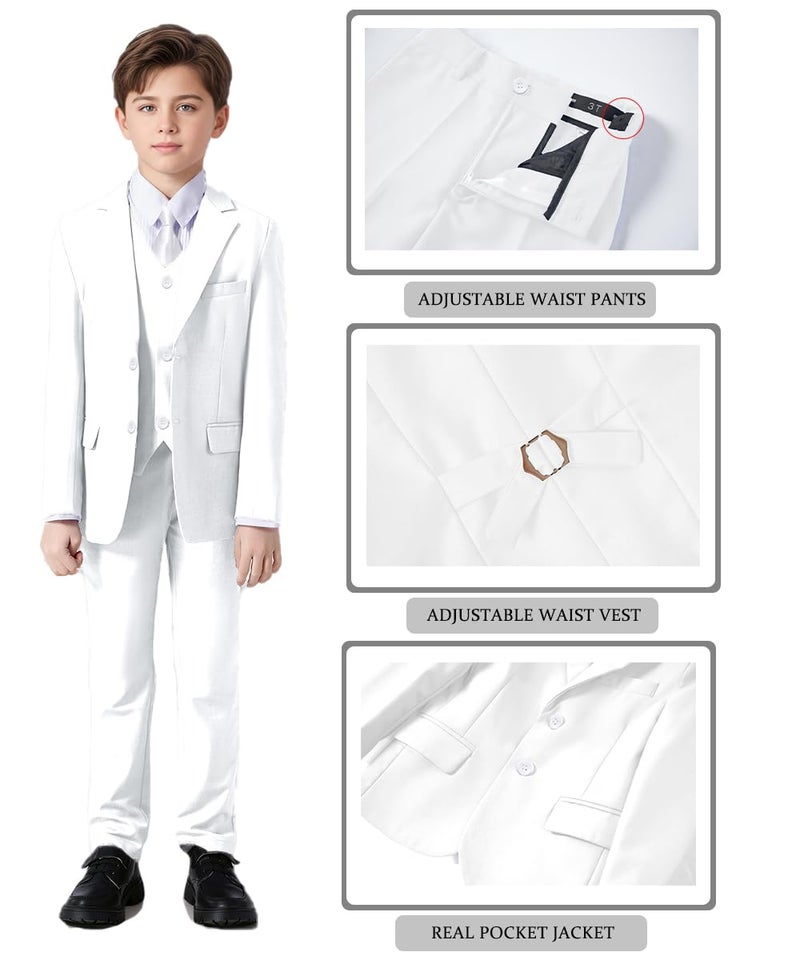 Addneo Boy's Silm Fit Formal Suits 5 Piece with Shirt and Vest, White 5pc, 7 - Image 2